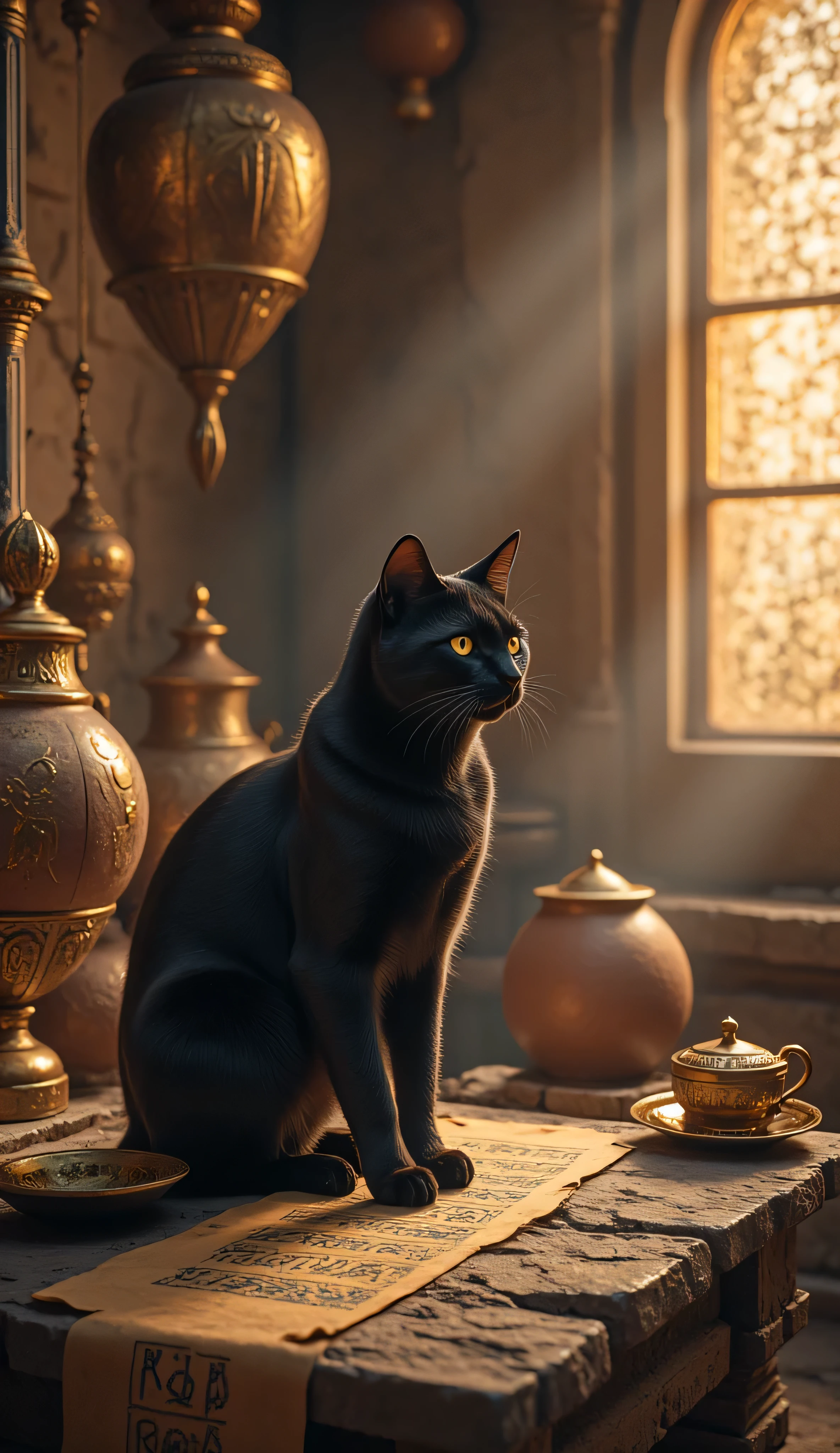 An ancient Egyptian home interior, with warm lighting and a rustic wooden table adorned with carved details. A sleek black cat sits on the table, staring mysteriously into the distance. Surrounding the room are golden artifacts, clay pots, and hieroglyph-covered papyrus scrolls. A window lets in a faint beam of moonlight, enhancing the mystical atmosphere. Intricate details, shallow depth of field, cinematic shot, dramatic poster.