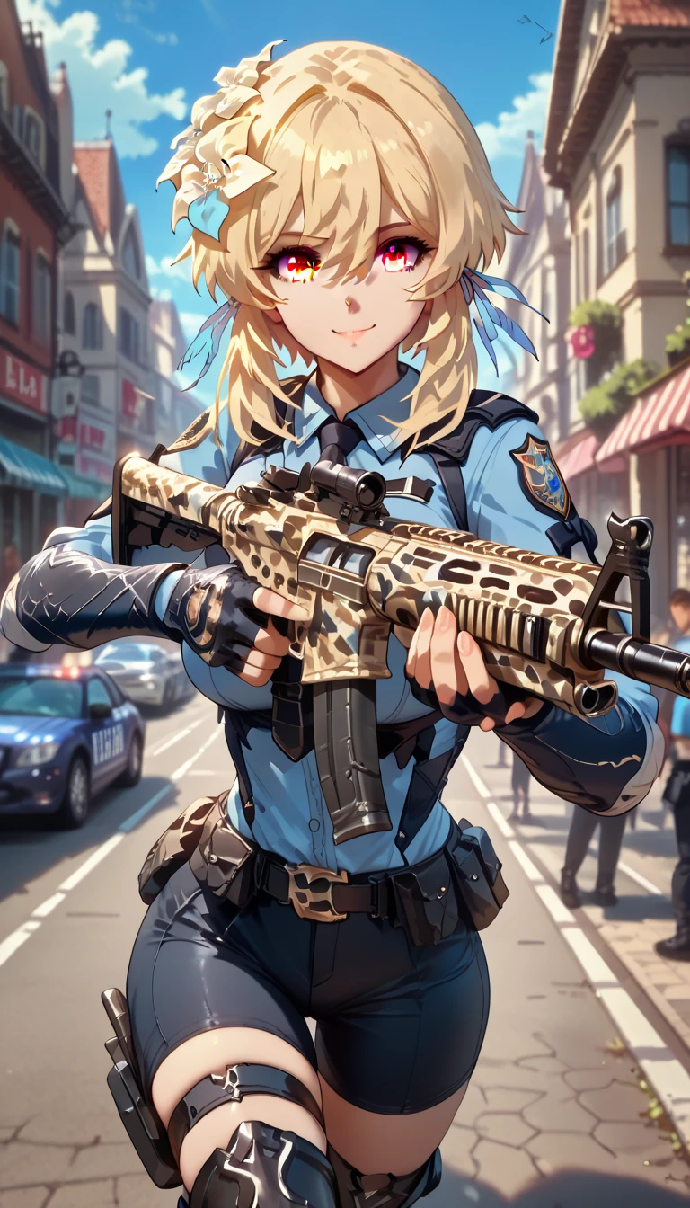 1girl, lumine, ((masterpiece)), (best quality), (highres), 16K, perfect face, yellow eyes, short hair, blonde hair, hair between eyes, bangs, hair ornament, wearing police uniform, wearing black thong, tactical belt, fingerless gloves, holster, black thighhighs, knee boots, busty body, large breasts and a beautiful ass, showcasing cleavage, legs, hips, (holding assault rifle), looking at viewer, smile, detailed full body, street background