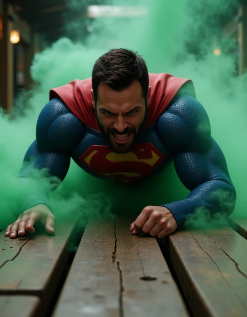 a muscular attractive man, Zafer ,short stubble,blue and red Superman suit, crawling on wooden floor,grimacing facial expression,suffering,pain,hurt,agony, green gas emanating from the ground.(best quality,4k,8k,highres,masterpiece:1.2),ultra-detailed,(realistic,photorealistic,photo-realistic:1.37),HDR,UHD,studio lighting,ultra-fine painting,sharp focus,physically-based rendering,extreme detail description,professional,vivid colors,bokeh,portrait