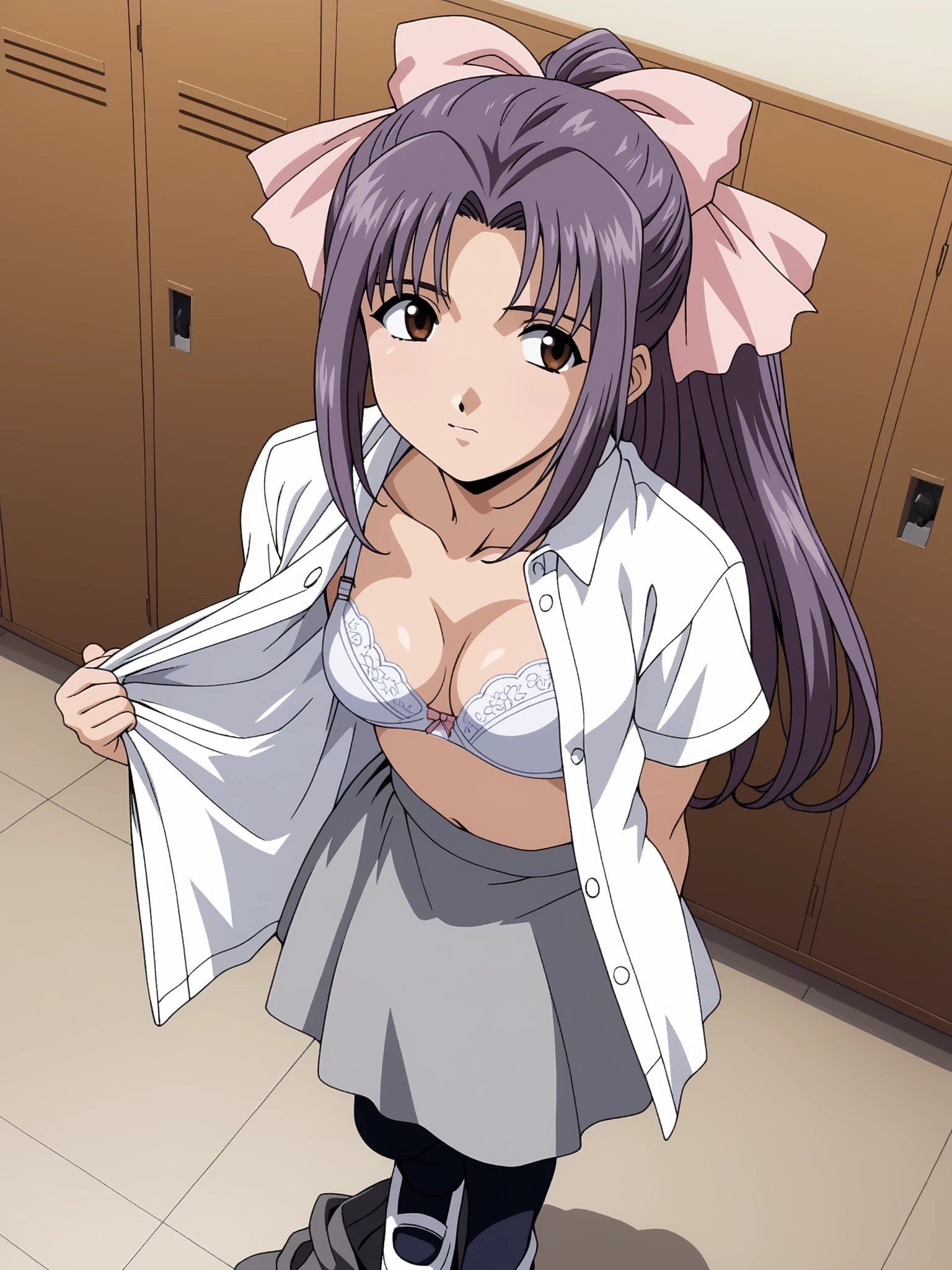 ,   score_9,   score_8_Excellent,   score_7_Excellent,   source_Anime,  break  1 girl , Anime style,   Intricate Details, Dim lighting,   knight , locker room, indoor, Momoko Koigakubo,  1 girl , difficult,   purple hair,   long hair,   hair bow,   brown eyes ,   ponytail,   Pink Ribbon  , School, Yellow Bow,   gray skirt, 
((( No Emotion, open shirt, white bra))), short stuck,   short, ((( standing with different breasts ,  changing clothes ,  from above,  I don't watch viewers,  looking away ))), ((( no fix))),