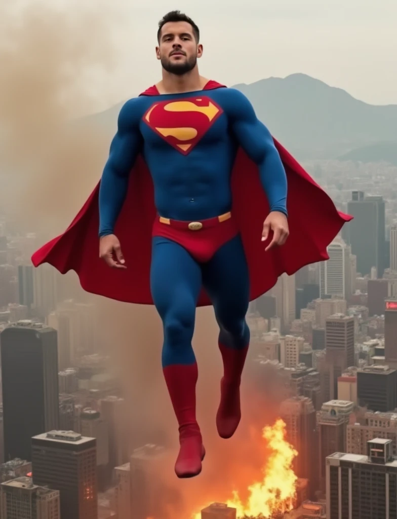 a buff man in a superman costume (think movie version of Superman-black undercut, blue tights and red cape and red boots and red briefs) full body photo .
"A powerful superhero, resembling Superman, soaring over the skyline of Beijing, dressed in a vibrant red and blue suit with a bold emblem on his chest. Flames rage below in the city streets, with smoke rising into the air from a massive fire. The superhero is flying heroically towards the danger, ready to save the trapped citizens, with the great wall standing tall in the background. The scene is dramatic, filled with urgency and hope, as the superhero prepares to dive into action, his cape billowing in the wind."