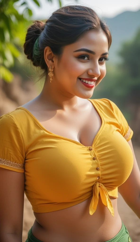 HD wallpaper 32k cinematic shoot of a Beautiful cute Nupur Sanon, curvy plus size, very very big breasts, swooping breasts, pretty chubby women, red lips, jewelry styles, long bun-cut hair, yellow short-sleeve tie front traditional blouse, Smiling, style pose on the Hingol National Park, morning atmosphere, minim diffect, ultra details, realistic,  ultra hd