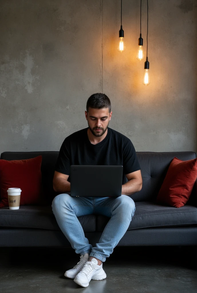 modern and moody interior setting featuring a man. light skin tone. He has short hair and a neatly trimmed beard and mustache. sitting comfortably on a deep gray couch. The man, dressed in a oversized loose vintage black t-shirt and light blue denim jeans, is focused on his MacBook pro laptop in Space Black color, giving a relaxed and casual posture. He wears clean white sneakers that contrast with the dark couch. The scene is warmly lit by hanging industrial-style pendant lamps. casting soft light and shadows on the textured concrete wall behind him. velvet cushions on the couch add a subtle pop of color, and a takeaway coffee cup rests nearby, enhancing the cozy and productive atmosphere. The floor is dark concrete , and the space exudes a minimalist, contemporary vibe with an artistic edge. The image composition balances the subject and background, creating a serene and modern mood.