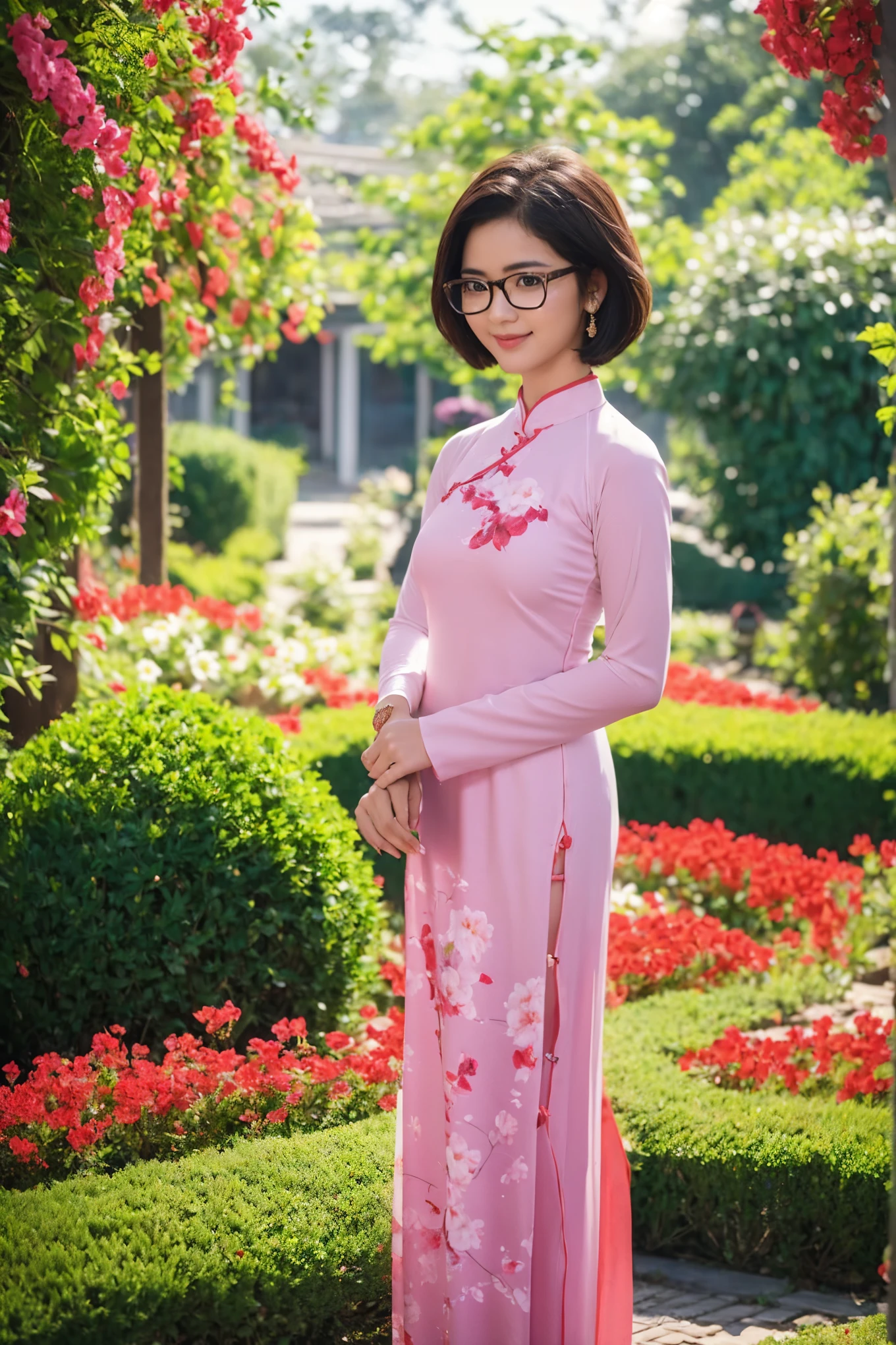 A beautiful short hair Asian girl with glasses wearing colorful Vietnamese ao dai, smirking, blurred background of flower garden.