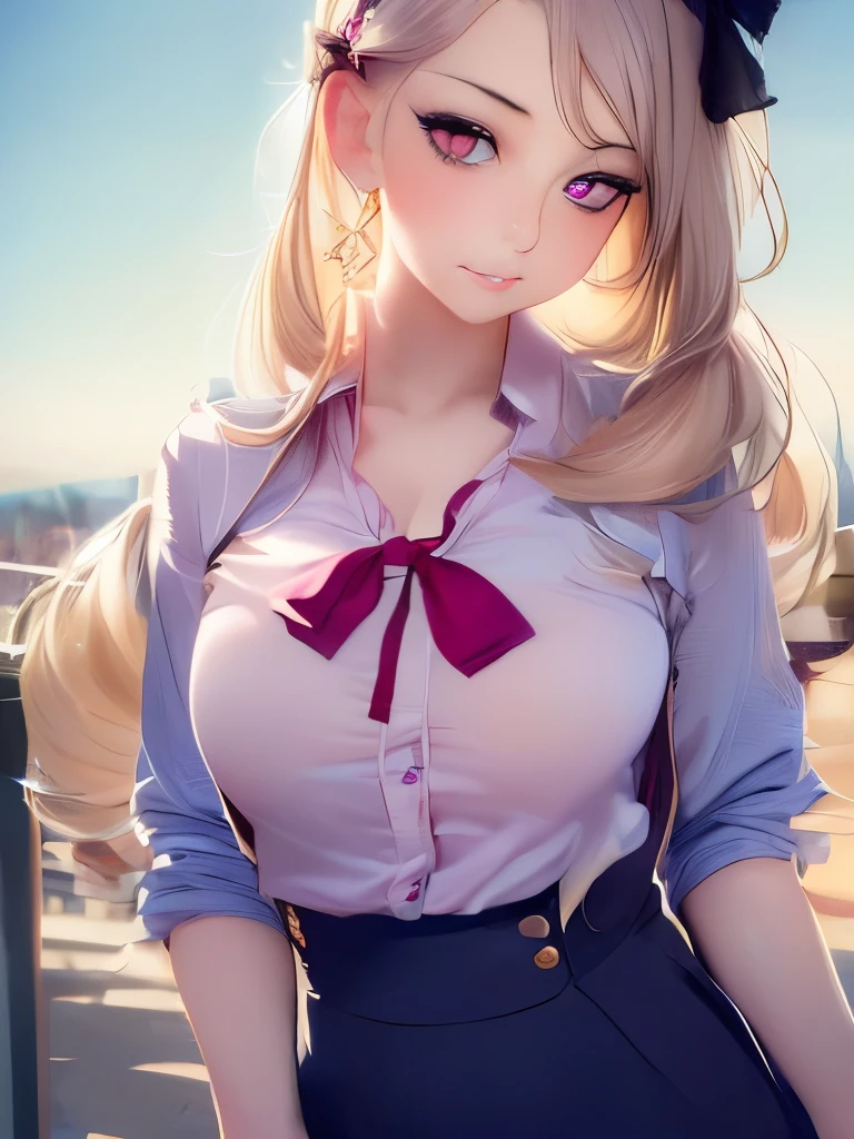 (detailed beautiful eyes and detailed face, masterpiece side light, masterpiece, best quality, detailed, high resolution illustration), (1 girl, beautiful girl, shiny skin, looking down, looking at viewer), ( Sky blue long hair, pink eyes, skirt, ribbon, button-down shirt) 45 degrees, top view, sideways, (hand detail)