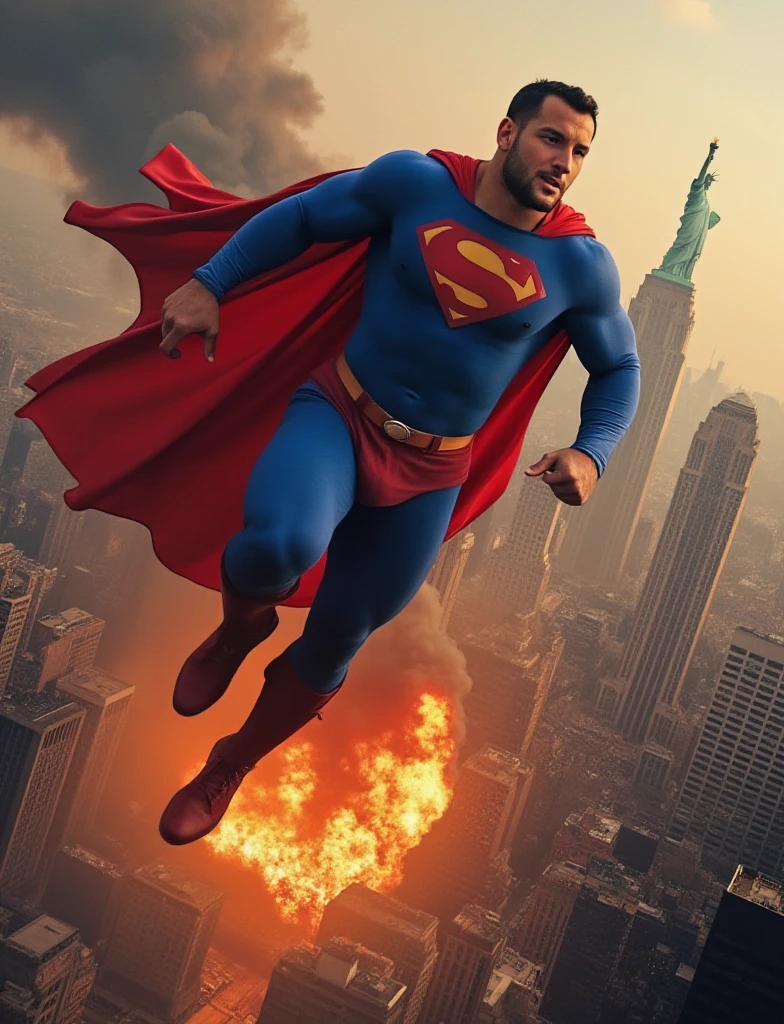 a buff man in a superman costume (think movie version of Superman-black undercut, blue tights and red cape and red boots and red briefs) full body photo .
"A powerful superhero, resembling Superman, soaring over the skyline of New York, dressed in a vibrant red and blue suit with a bold emblem on his chest. Flames rage below in the city streets, with smoke rising into the air from a massive fire. The superhero is flying heroically towards the danger, ready to save the trapped citizens, with the Statue of Liberty standing tall in the background. The scene is dramatic, filled with urgency and hope, as the superhero prepares to dive into action, his cape billowing in the wind."
