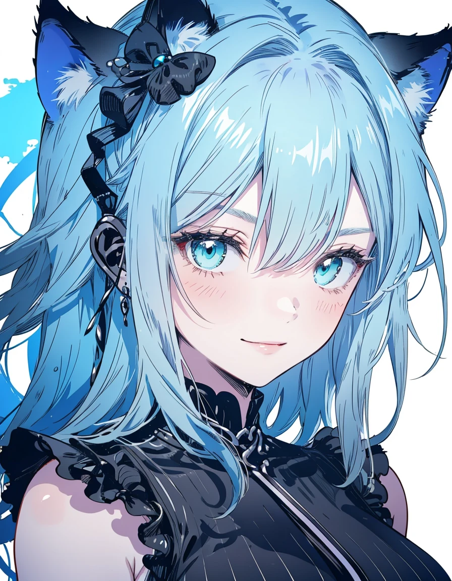 pierrot, evil smile, black end, master piece, high quality illustration, digital art,4K, cat ear, pale skin, medium breasts, aqua colored eyes, black color hair,