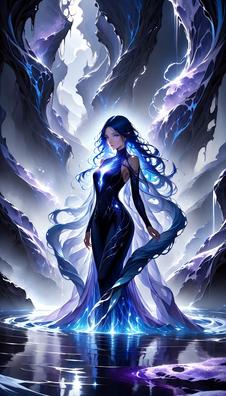 "A stunning woman with long, flowing blue hair that cascades like a shimmering waterfall, glowing faintly with ethereal light. Her piercing blue eyes radiate an otherworldly brilliance with her perfect face, exuding both calm serenity and overwhelming power. Surrounding her is a swirling vortex of water, glistening and vibrant, contrasting sharply with the dark, shadowy world around her. Her sleek, form-fitting attire is black and adorned with intricate purple patterns that seem to shift and ripple like waves. The ground beneath her feet is cracked, with pools of glowing purple water forming in the fissures. The background is a desolate void, filled with faint purple mist and swirling black clouds, emphasizing her luminous presence as the sole source of life and light. Her poised stance and the flowing water encircling her highlight her mastery over the element, a goddess-like figure of beauty and immense power."