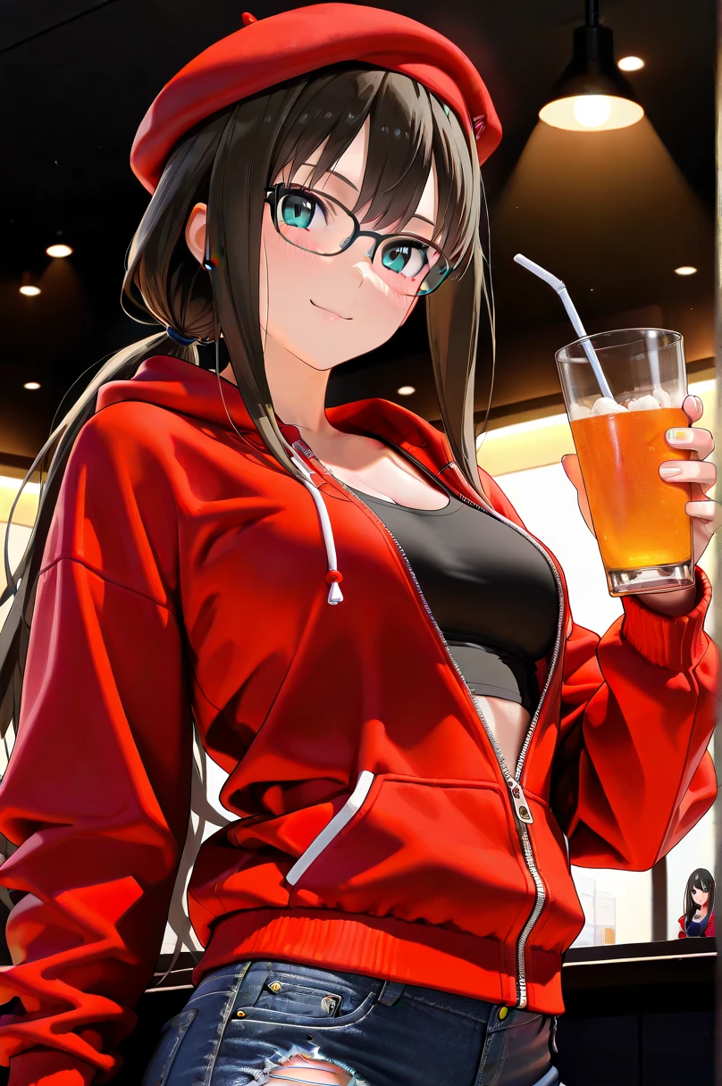 ( Ultra Realistic Photo , RAW photos  , realism , 3d rendering ,Unity Engine), BRAEK ( one girl ,15yo,Shibuya Rin, black hair,  green eyes,  long hair,(medium breasts:1.2), low ponytail, black tank top,(red hoodie with zipper), black beret, black holes denim pants, damaged denim pants, black glasses), break ( upper body), break (Closed zipper), break (enjoying drinks, night club, vibrant, club lighting, energetic),break (delightful, smiling, cheerful),break (masterpiece、 top quality 、 super detailed 、 insanely detailed、Exquisite、 beautiful、Full HD、16k、 super high resolution )