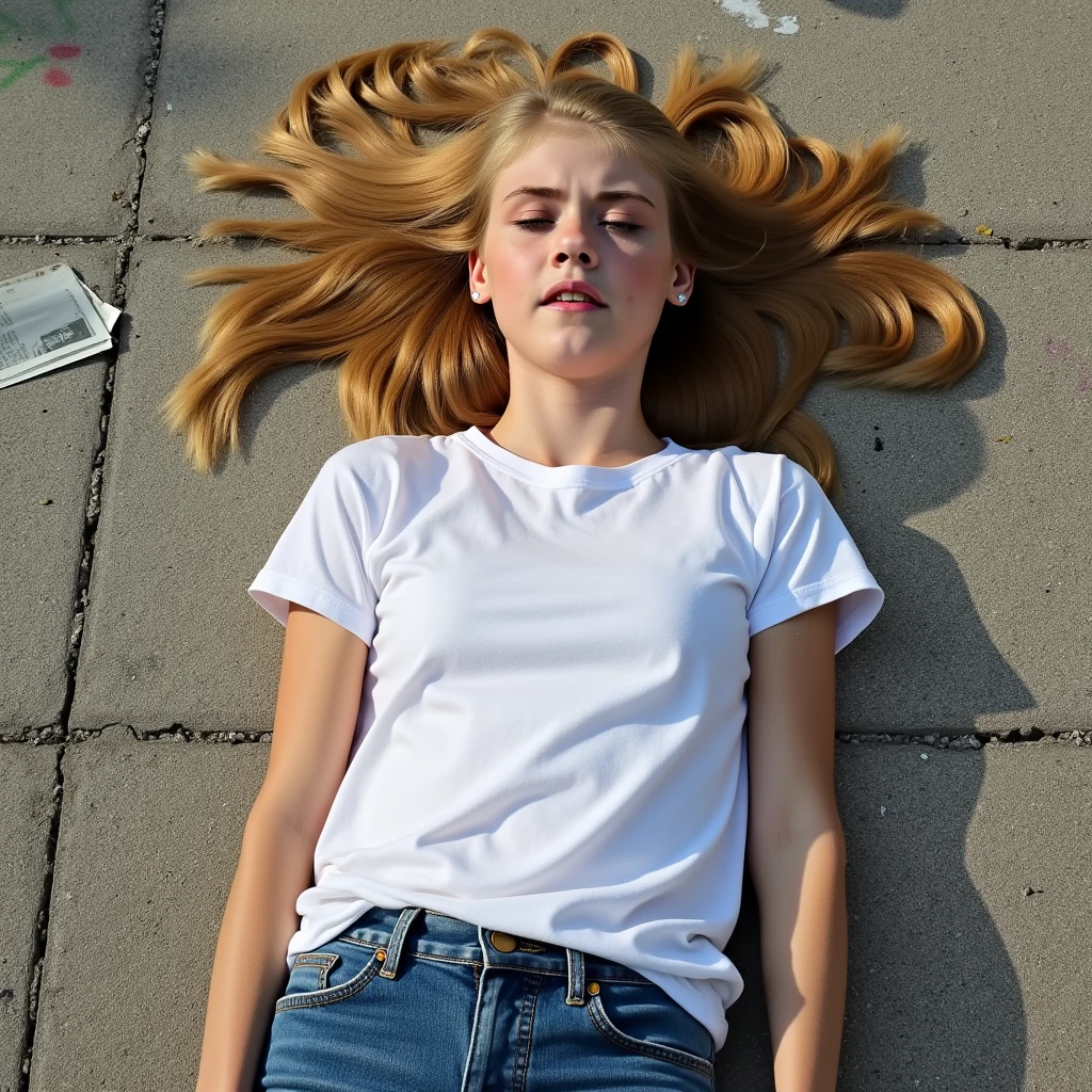 Full body overhead view in vibrant, natural light of a stunning, slender tween with cascading blonde hair spread around her head. She's wearing a a crisp white t-shirt, and well-fitted jeans. She lies defeated on a cracked concrete pavement, her expression etched with pain and agony, eyes closed, one hand slightly clenched. The background shows urban decay with graffiti and a single, discarded newspaper fluttering in the breeze, enhancing the mood of desolation and defeat. The scene is captured with high realism, emphasizing every detail from the texture of her clothes to the subtle shadows cast by the late afternoon sun.