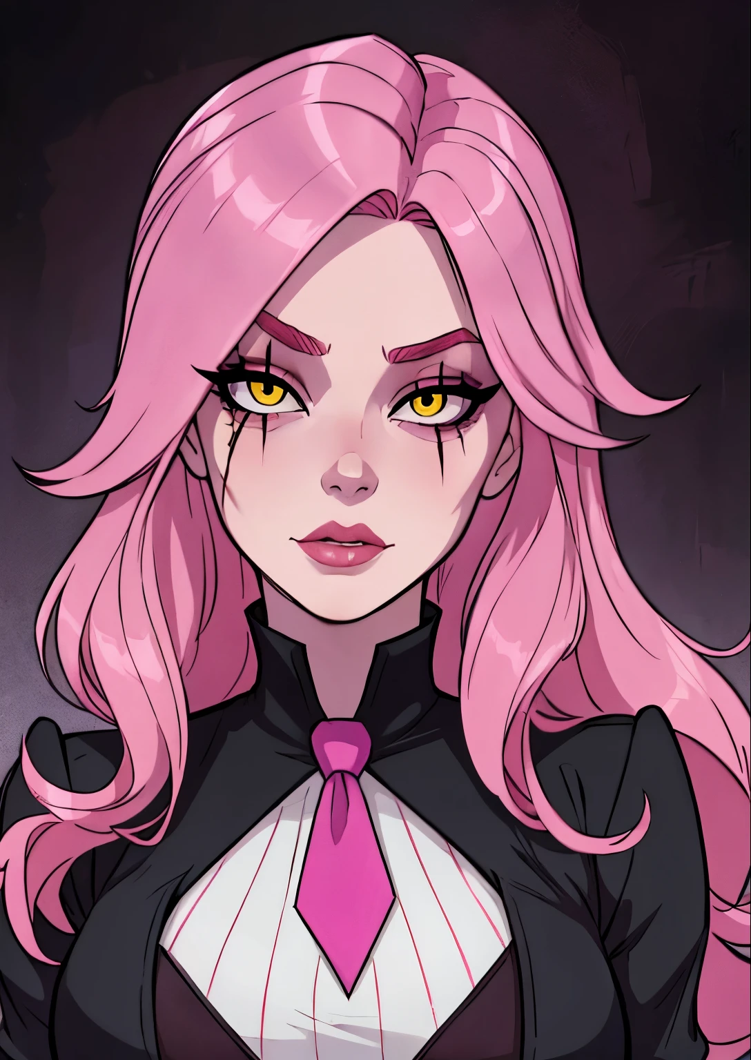 masterpiece, best quality, 1female, beautiful, face portrait, deep makeup, 1girl, face focus, long hair, pink hair, messy hair, goth, scar over eye, makeup, pale skin, academiaKat, yellow eyes, detailed, necktie