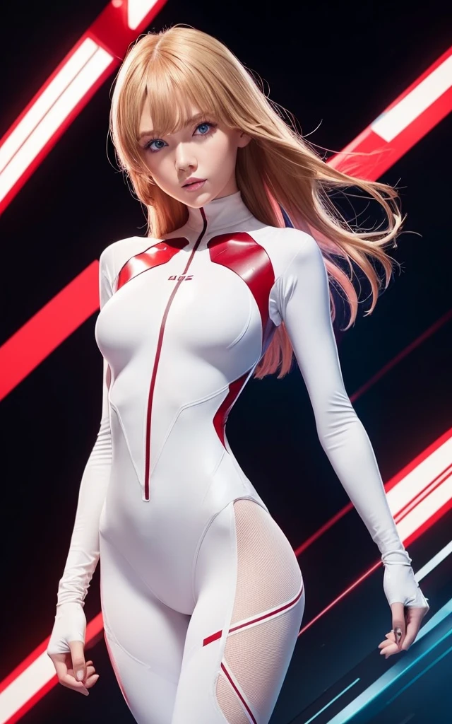 girl, 20s, red_bodysuit, mecha, blonde, blue eyes, smooth bodysuit, large breasts, stunning proportions, highleg design, muscular body covered by technological clothing, Anisotropy Filtering, depth of fields, Maximum clarity and sharpness, Multilayer textures, Surface Shading, accurate simulation of light and material interactions, Perfect proportions, white_bodysuit