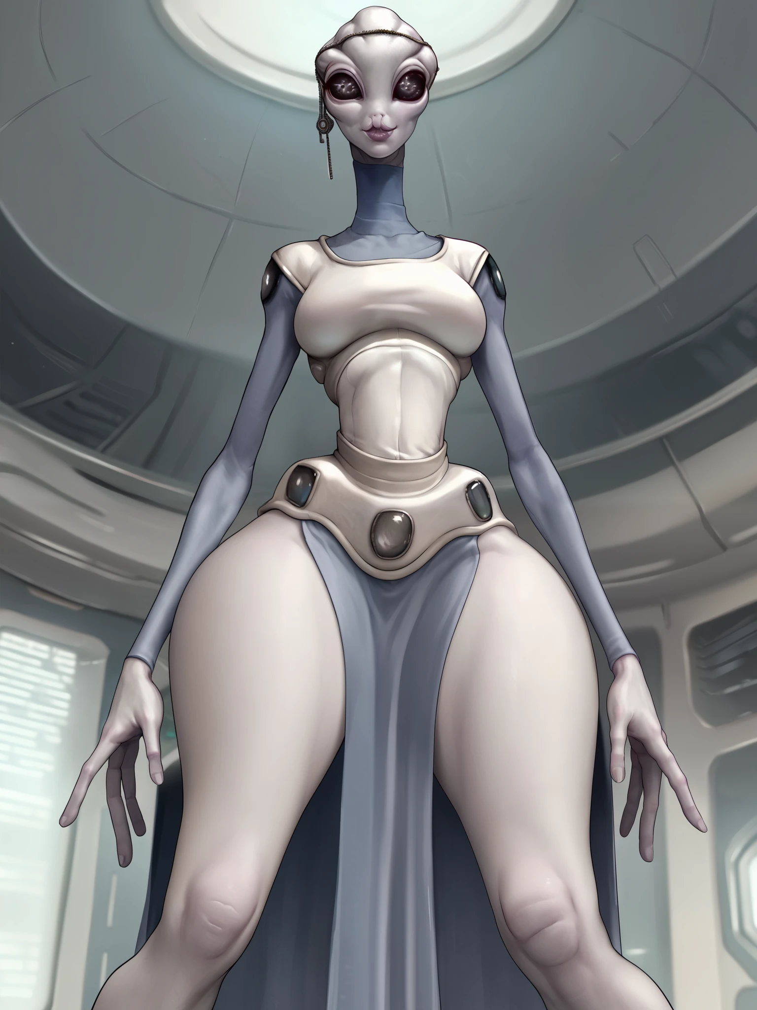 source_anime, Taun We Kaminoan, female Kaminoan, white skin, alien, kamino, 1girl, big lips, solo, from below, closeup, beautiful eyes, beautiful face, symmetrical, symmetrical eyes, slender hands, inside white room on kamino, wearing tight white and blue bodysuit, taun we dress, no pants, kaminoan clothing, medium breasts, breasts wide hips, able to see ass, from the back, thickthighs, alien private parts, big behind, legs spread, on her knees, hands on her knees, smug, chin_rest, facing viewer, looking at viewer