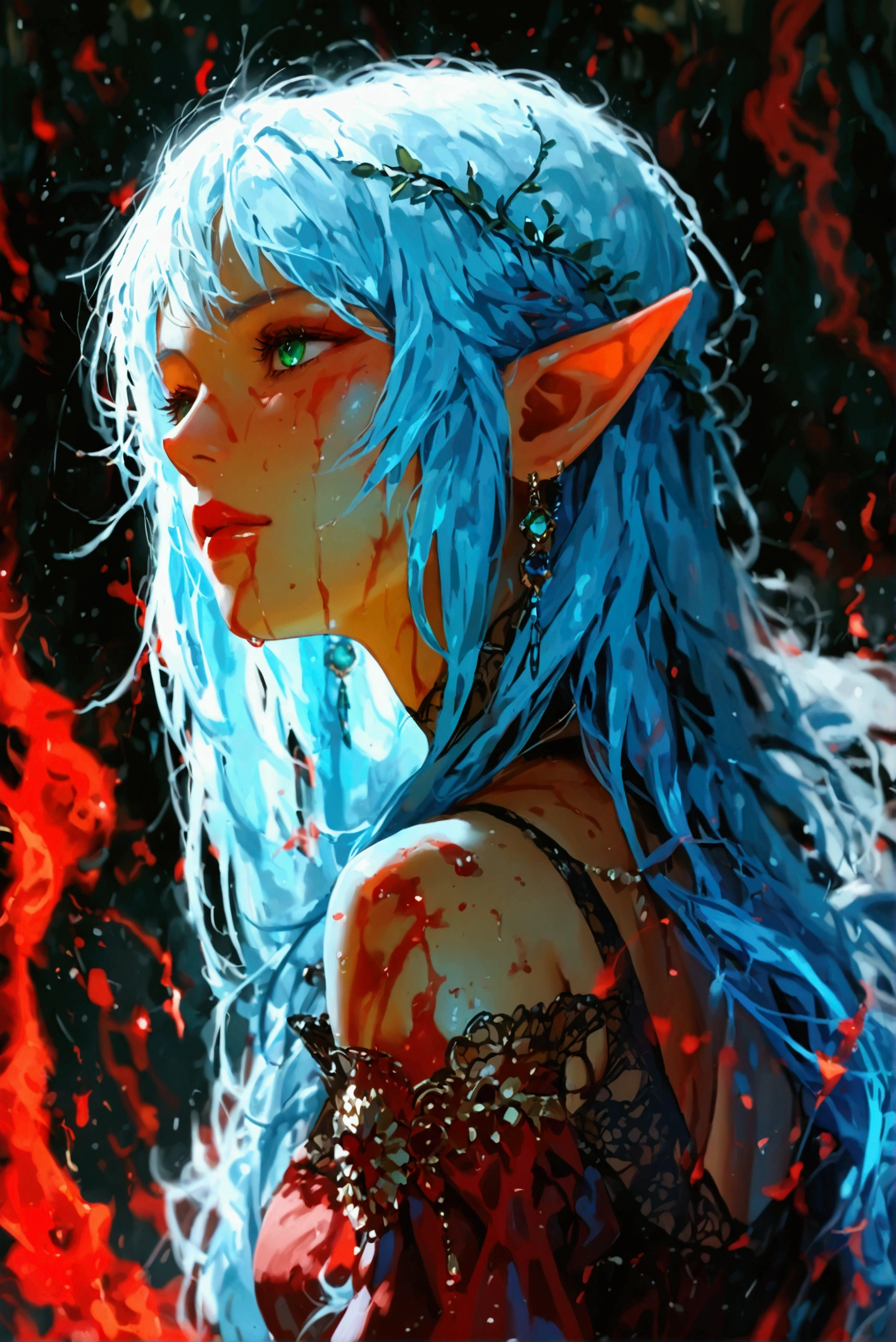  Elf girl with long hair, in rag clothes ,  surrounded by a dark aura and bloodlust