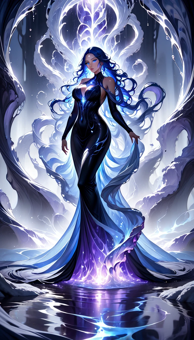 "A strikingly beautiful woman with a voluptuous, curvaceous figure, her long, flowing blue hair cascading like a shimmering waterfall, glowing softly with ethereal light. Her piercing blue eyes radiate an intense, otherworldly brilliance, commanding attention and exuding both grace and raw power. Her full, curvy form is accentuated by a sleek, form-fitting black outfit adorned with intricate purple patterns that ripple and shimmer like waves, emphasizing her hourglass silhouette. She is surrounded by a swirling vortex of luminous water, vibrant and alive, contrasting sharply with the dark, shadowy void around her. The ground beneath her is fractured, with glowing purple water pooling in the cracks, casting a surreal light on her figure. Her poised stance, accentuated by her confident aura and flowing water, highlights her mastery over her element, presenting her as a goddess-like embodiment of beauty, dominance, and elemental power."