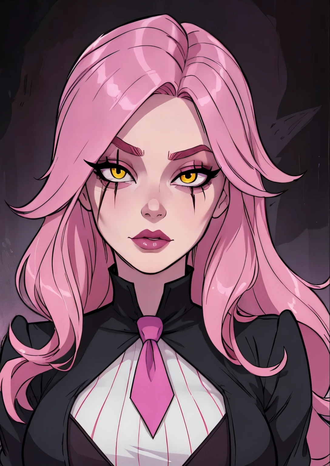 masterpiece, best quality, 1female, beautiful, face portrait, deep makeup, 1girl, face focus, long hair, pink hair, messy hair, goth, scar over eye, makeup, pale skin, academiaKat, yellow eyes, detailed, necktie