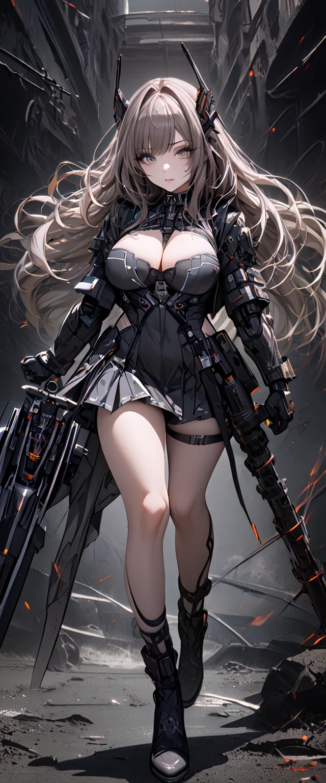 (cyber punk girl), (nikke), (top quality:1.2, masterpiece:1.4, EXQUISITE RENDERING:1.3),  ((Fighting Pose:1.5)), ((full body photo:1.7))、(((Secret Weapon Girl:1.5)), ((A girl carrying a weapon that looks like a feather on her back:1.5)), (Clear eyes,  glossy lips, pretty face), ((ARMS CONVERTED TO LASER CANNON:1.4)), (WITH LASER CANNON:1.4), (((long dress:1.8))), (White dress:1.5), (EXQUISITE PAINTED DRESS),  (high sensitive weapon:1.3), MECHANIZED ANIMATION MACHINE GUN FIRE,  A warring sniper girl, Soldier Girl,  FEMALE ACTION ANIMATION ANIMATION GIRL, Neon City,  POST APOCALYPSE ART,  androgynous,  mixed media,  blue legwear, Analog Horror, Nightmare Fuel,  seductively beautiful,  Beautiful and Evil, (cleavage), (between breasts),Image showing the whole body, ((black background:1.6)),