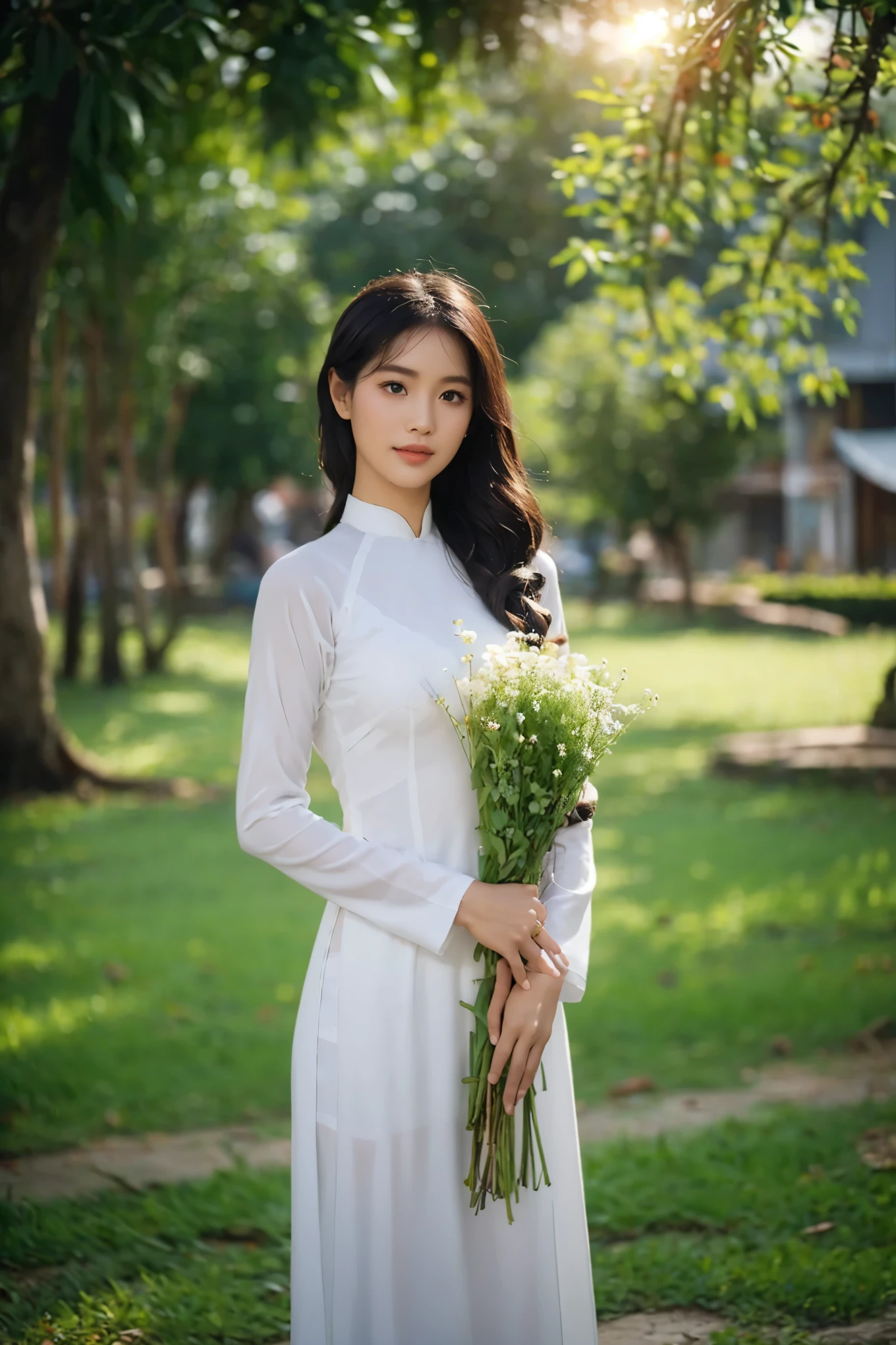 (ao dai:1.1,beautiful detailed eyes,beautiful detailed lips,extremely detailed eyes and face,long eyelashes), flower garden with vibrant colors,green grass and blooming flowers,traditional Vietnamese hat on her head,colourful butterflies and birds flying around,soft sunlight shining through the trees,delicate embroidery on the ao dai,peaceful and serene atmosphere,high-res(mega-pixel),photo-realistic style,soft and warm color tone,subtle and natural lighting