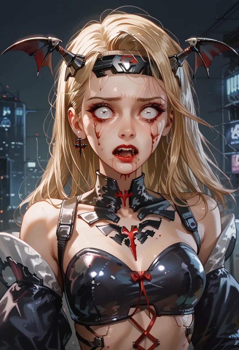  blonde vampire girl ((detallada)),  scared , white eyes, Has a headband,  futuristic armor ,  vampire cyberpunk , corset armor ,  dystopic future , Vampire wings ,  blood on her face, lost look ,  dark cyberpunk background ,  lighting light dark, mysterious.