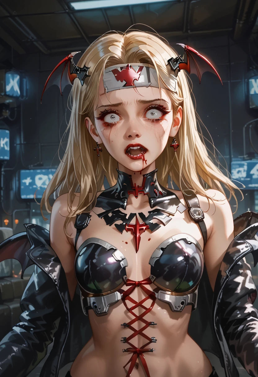  blonde vampire girl ((detallada)),  scared , white eyes, Has a headband,  futuristic armor ,  vampire cyberpunk , corset armor ,  dystopic future , Vampire wings ,  blood on her face, lost look ,  dark cyberpunk background ,  lighting light dark, mysterious.