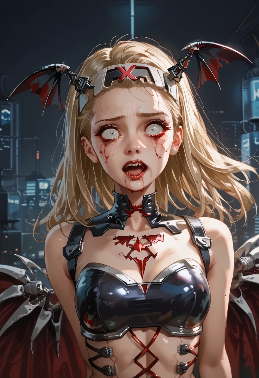  blonde vampire girl ((detallada)),  scared , white eyes, Has a headband,  futuristic armor ,  vampire cyberpunk , corset armor ,  dystopic future , Vampire wings ,  blood on her face, lost look ,  dark cyberpunk background ,  lighting light dark, mysterious.