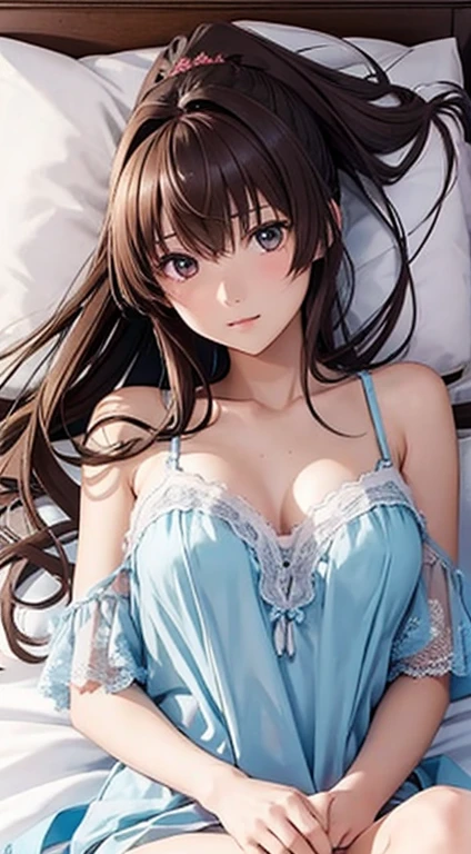 ( 1 girl:1.3), Cinematic Light,  (masterpiece, top quality,  top quality ,  Official Art ,  beautiful、And aesthetic :1.3),  extremely detailed, best details ,( Ultra Details),((非常繊細で beautiful)), 
the above,((  lying on the bed)), 
Alone, chest, シルキーな長いhair, (茶hair), Roses scattered across the bed,
light blue lace nightwear, , 開いたchest,length_hair, brown_hair, ponytail,hair_ Ornaments ,very_length_hair,big_chest, brown_eye,,hair_ betweens _eye