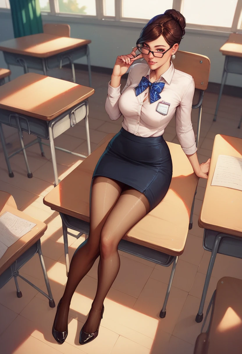 An English governess around 25 years old with a composed and authoritative demeanor, wearing a leather corset, high-heeled boots, pants, glasses, and a stern expression. She has the appearance of a dressage rider. The setting is a classroom with desks, a chalkboard, and typical classroom decorations. A man is kneeling on a punishment bench, looking nervous and startled, and he is gagged. The governess is holding a cane, prepared to discipline him. The scene captures the tension and the authoritative action of the governess about to discipline the man on the punishment bench.