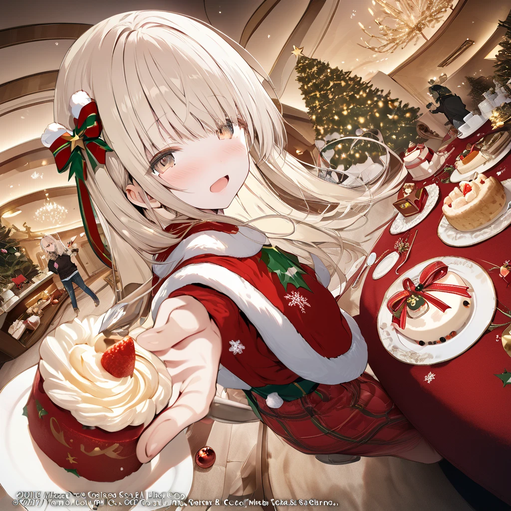 masterpiece, Official Art ,8k, masterpiece,  top quality,  very detailed, shiina mahiru ,yellow eyes, blonde hair,long hair,open mouth,Christmas, incoming food, looking at viewer , cake, plate ,holding fork, from side, fisheye lens, looking back, 