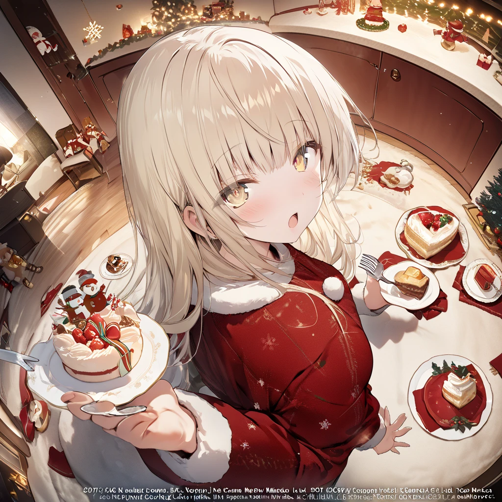 masterpiece, Official Art ,8k, masterpiece,  top quality,  very detailed, shiina mahiru ,yellow eyes, blonde hair,long hair,open mouth,Christmas, incoming food, looking at viewer , cake, plate ,holding fork, from side, fisheye lens, looking back, 