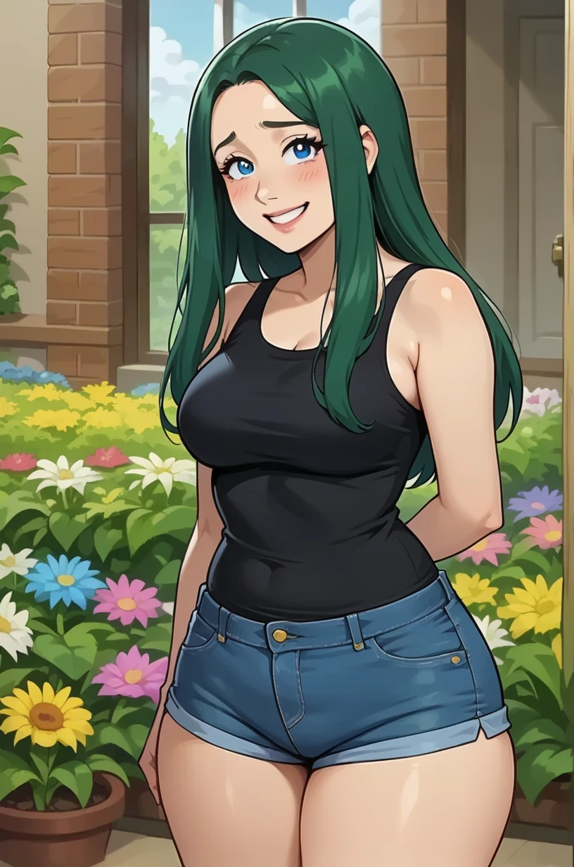  Cartoon of an Arafed girl , Alone, Sensual, rascal,  Blue Eyes, ((( long green hair , straight hair)),black tank top shirt , tight denim shorts ,, medium breast,  shy smile ,  thick thighs , standing, (flower garden background),
  highly detailed character ,  in high resolution.