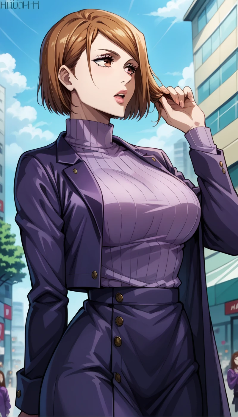 score_9, score_8_up, score_7_up, source_anime, 4K,perfect fingers,(perfect hands, perfect anatomy),
1girl,nobara kugisaki, kugisaki nobara, bob cut, brown eyes, brown hair, lips, short hair, large breasts,,
wearing ((long sleeves,purple jacket, open clothes, sweater, coat, ribbed sweater, purple sweater)),,
open mouth,