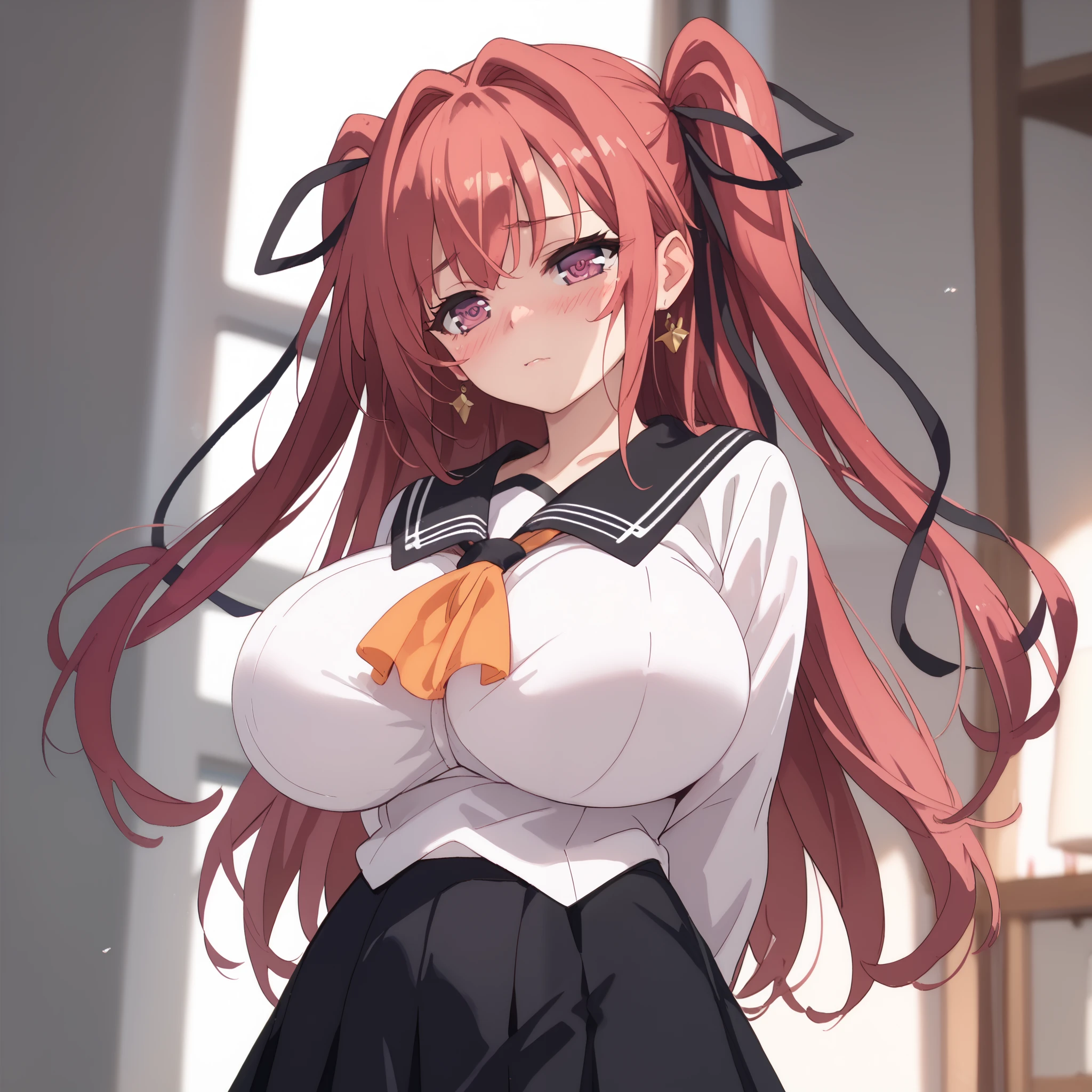 MioSchool, black sailor collar, white shirt, orange neckerchief, black skirt (arms behind back:1.4), breast, (huge breasts:1.15), (blush), 8k masterpiece, (1girl, solo), magenta hair, violet eyes, two side up, hair ribbon, black ribbon