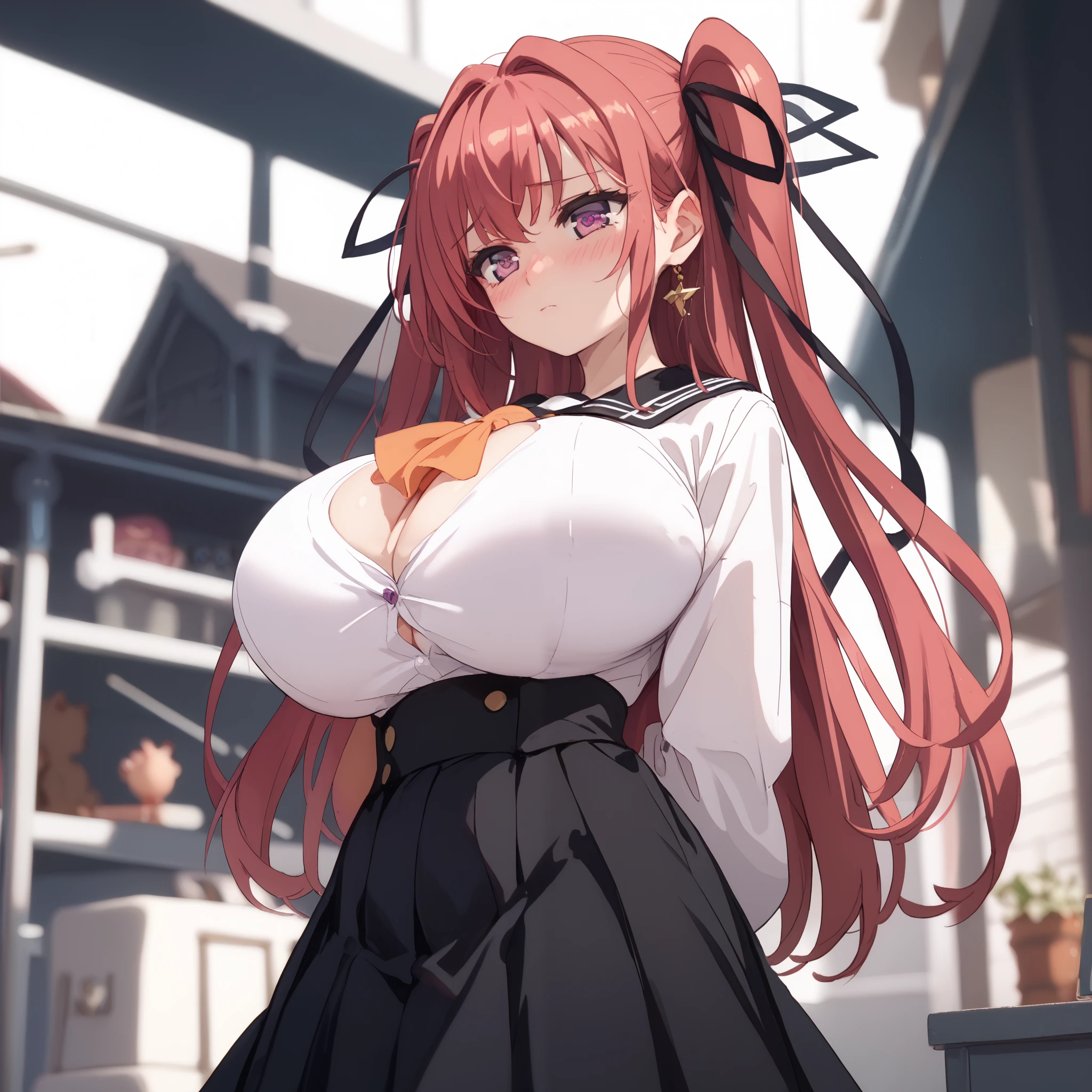 MioSchool, black sailor collar, white shirt, orange neckerchief, black skirt (arms behind back:1.4), breast, (huge breasts:1.15), (blush), 8k masterpiece, (1girl, solo), magenta hair, violet eyes, two side up, hair ribbon, black ribbon