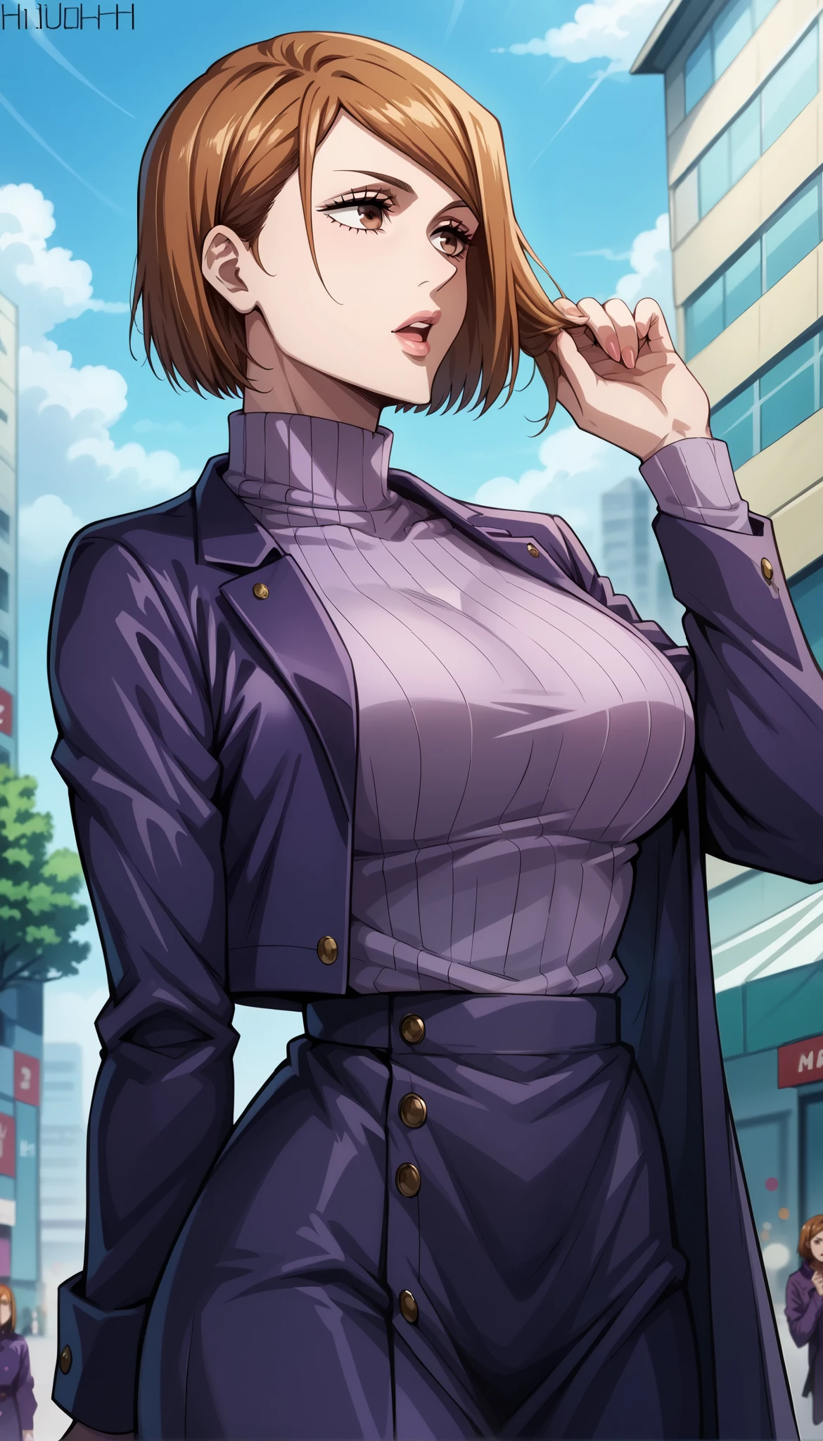 score_9, score_8_up, score_7_up, source_anime, 4K,perfect fingers,(perfect hands, perfect anatomy),
1girl,nobara kugisaki, kugisaki nobara, bob cut, brown eyes, brown hair, lips, short hair, large breasts,,
wearing ((long sleeves,purple jacket, open clothes, sweater, coat, ribbed sweater, purple sweater)),,
open mouth,