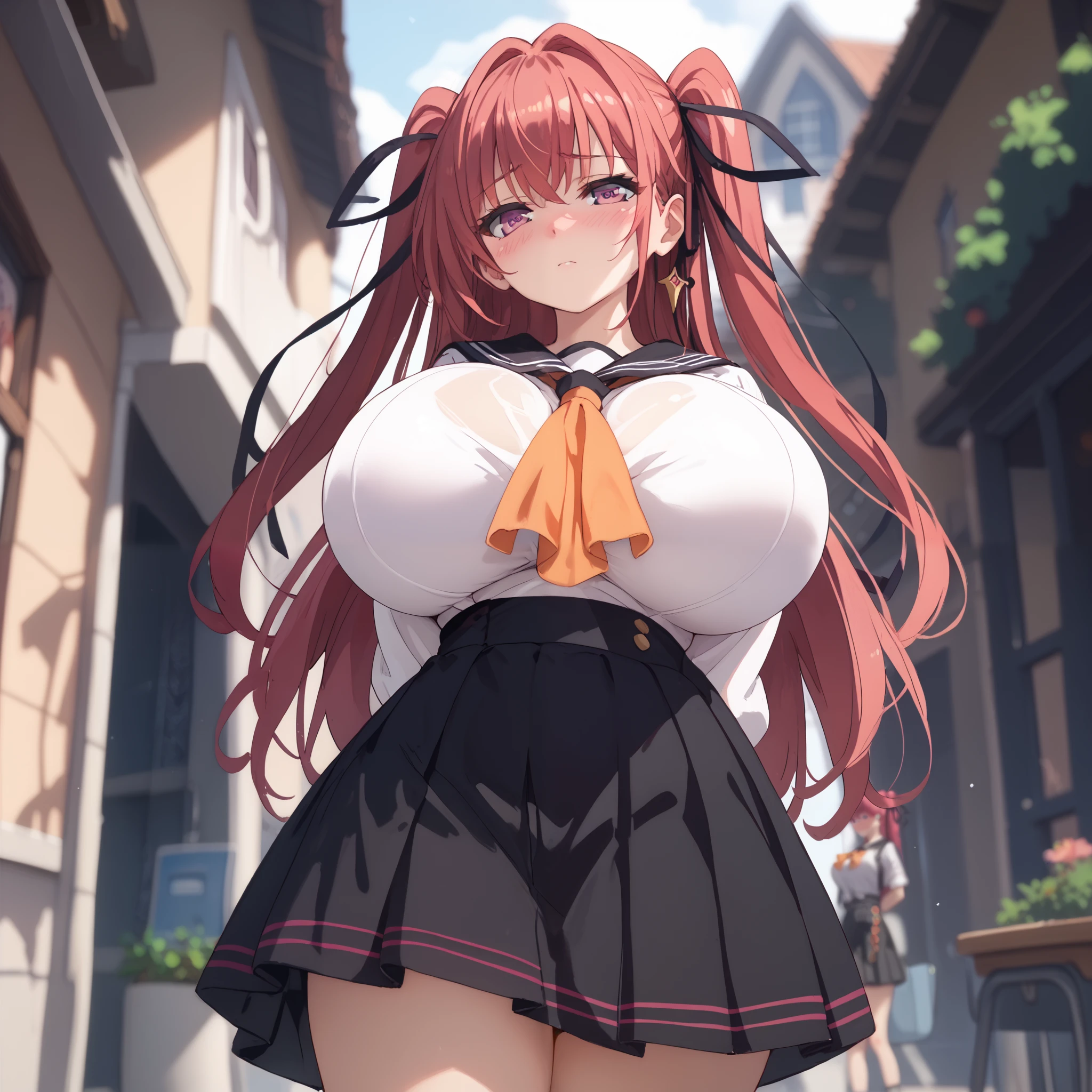 MioSchool, black sailor collar, white shirt, orange neckerchief, black skirt (arms behind back:1.4), breast, (huge breasts:1.15), (blush), 8k masterpiece, (1girl, solo), magenta hair, violet eyes, two side up, hair ribbon, black ribbon