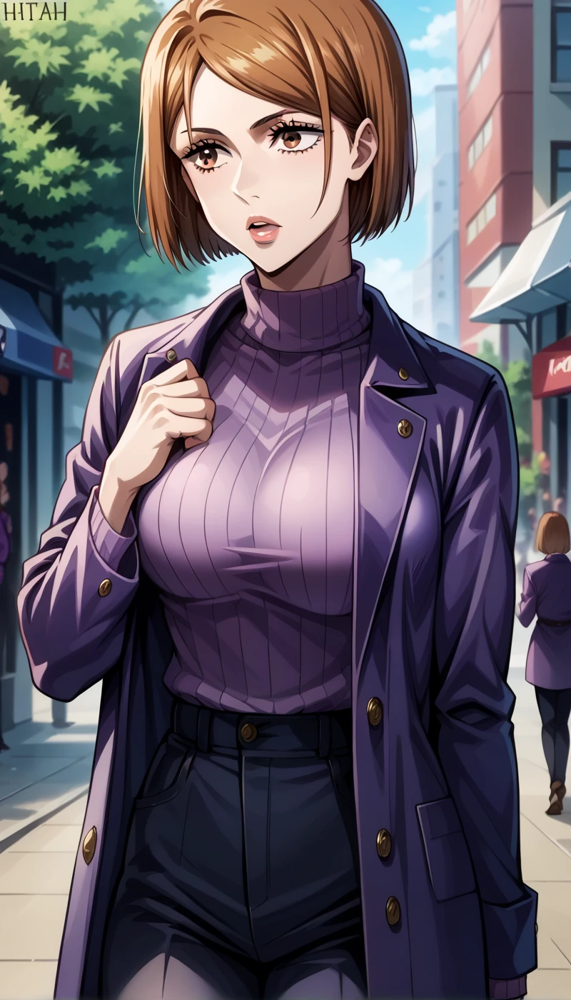 score_9, score_8_up, score_7_up, source_anime, 4K,perfect fingers,(perfect hands, perfect anatomy),
1girl,nobara kugisaki, kugisaki nobara, bob cut, brown eyes, brown hair, lips, short hair, large breasts,,
wearing ((long sleeves,purple jacket, open clothes, sweater, coat, ribbed sweater, purple sweater)),,
open mouth,((fella:1.5)),