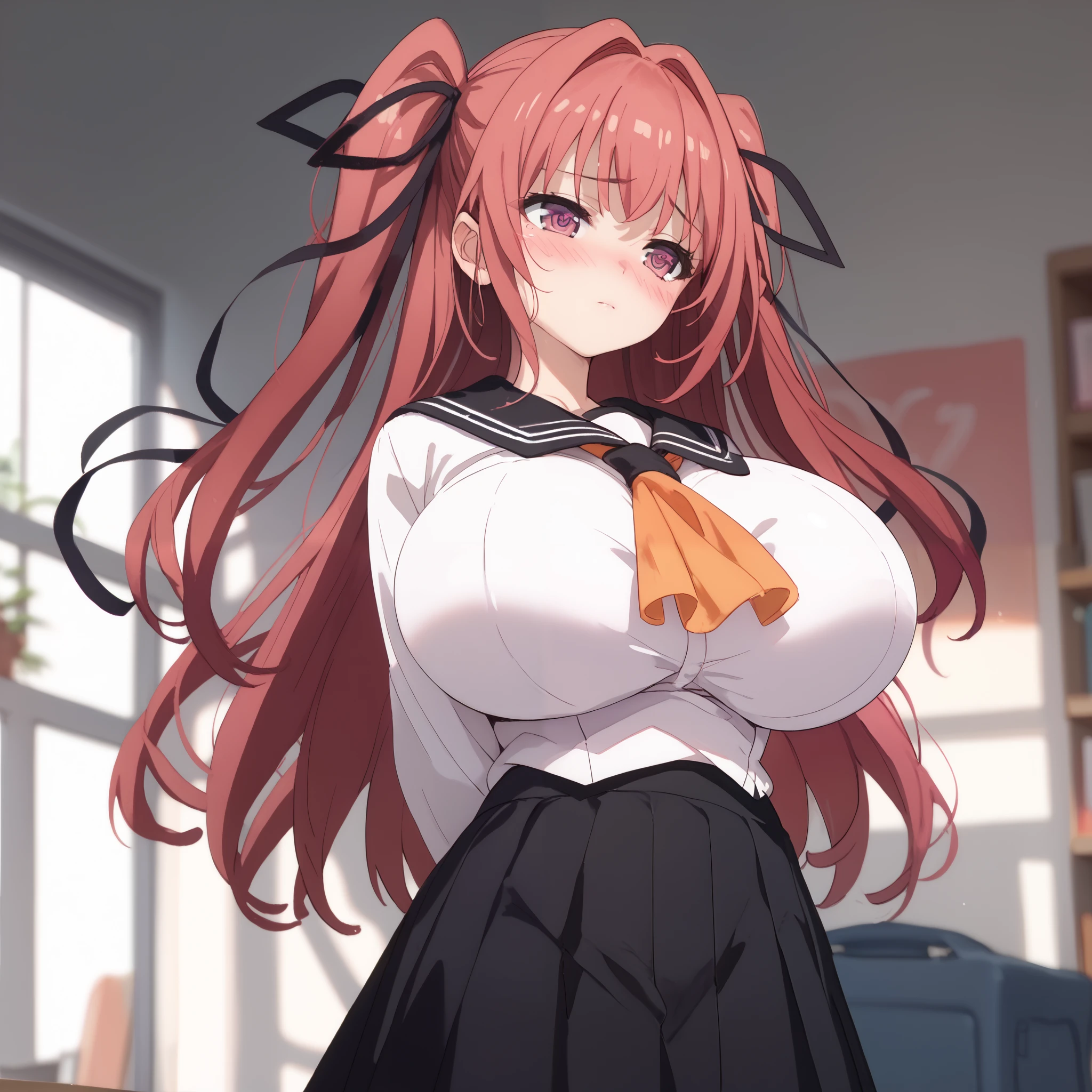 MioSchool, black sailor collar, white shirt, orange neckerchief, black skirt (arms behind back:1.4), breast, (huge breasts:1.15), (blush), 8k masterpiece, (1girl, solo), magenta hair, violet eyes, two side up, hair ribbon, black ribbon