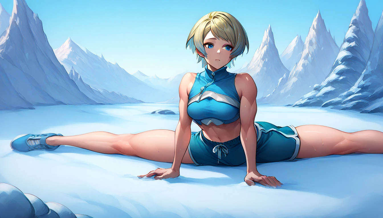 blue clear sky, snow, 1girl, solo, radient hair, multicolored hair, short hair, blonde hair, bangs, blue eyes, ((blue crop top, dolphin shorts)), Sitting, On the ground, Split Horizon, stretch, horizontal splits, stretch regs, hands on floor