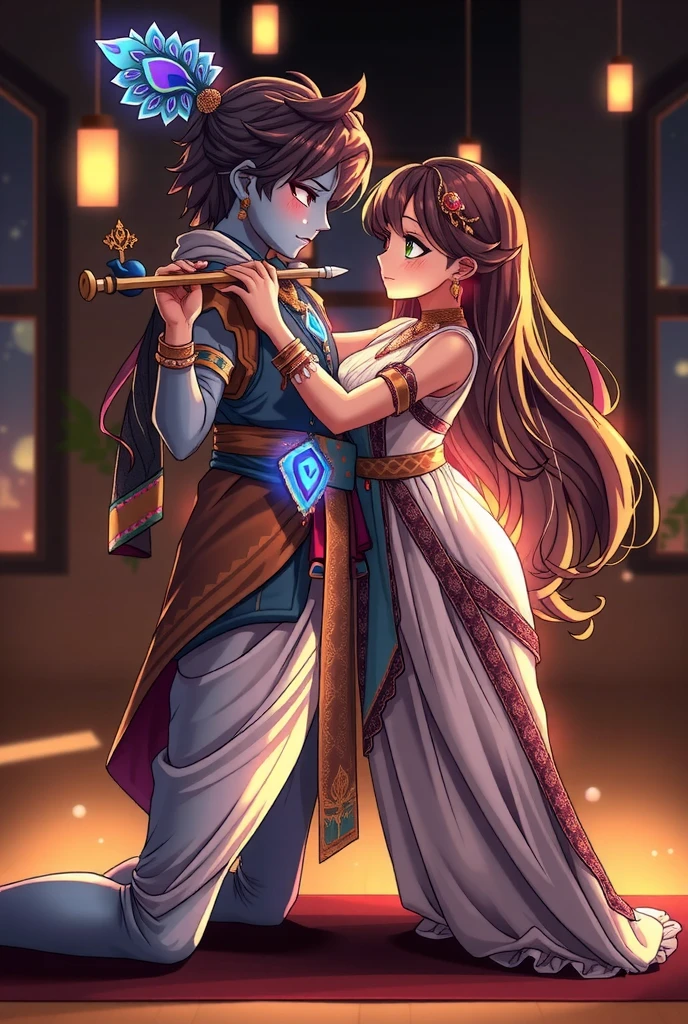 A anime inspired modern, portrayal of Radha and Krishna in a symbolic couple yoga pose, their clothing and positioning to hint at a deep, sensual connection. Krishna, with his iconic peacock feather and blue glow and flute, wearing shorts and vest and Radha, golden white glowing, in modern and classical mix dress, engage in a balanced pose that subtly implies something deeper happening between them. The warm, soft lighting adds to the intimate atmosphere, and their gaze conveys closeness, blending spirituality and romance in a visually symbolic pose.  (eroitc) (sensual) (groping)
