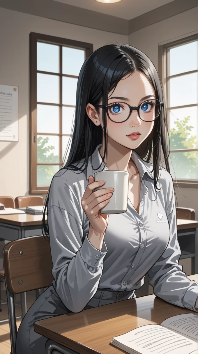  source_anime, woman,  dynamic pose style, Hold a cup ,  long hair ,  black hair,  Blue Eyes, ultrarealista, glasses,  sitting with your feet on the chair, dynamic light,  big eyes ,  realistic effects , desk,gray swimsuit ,  high quality, detailed, 