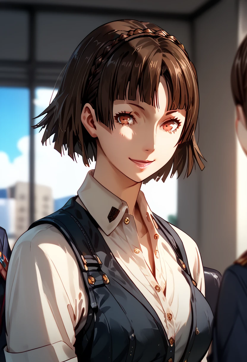  top quality ,masterpiece, super detailed , super high resolution ,female 1 person,Japanese School,uniform,Seduce,smile,lewdness,whole body,(name:Makoto Niijima),