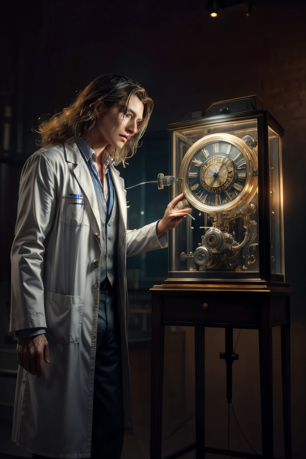 ((best quality)), ((masterpiece)), (detailed), perfect face,a scientist working on a time machine, detailed portrait of a scientist in a lab, wearing a white lab coat, holding futuristic time machine device, intricate gears and displays, complex scientific equipment, dramatic lighting, cinematic composition, photorealistic, 8k, award winning digital art