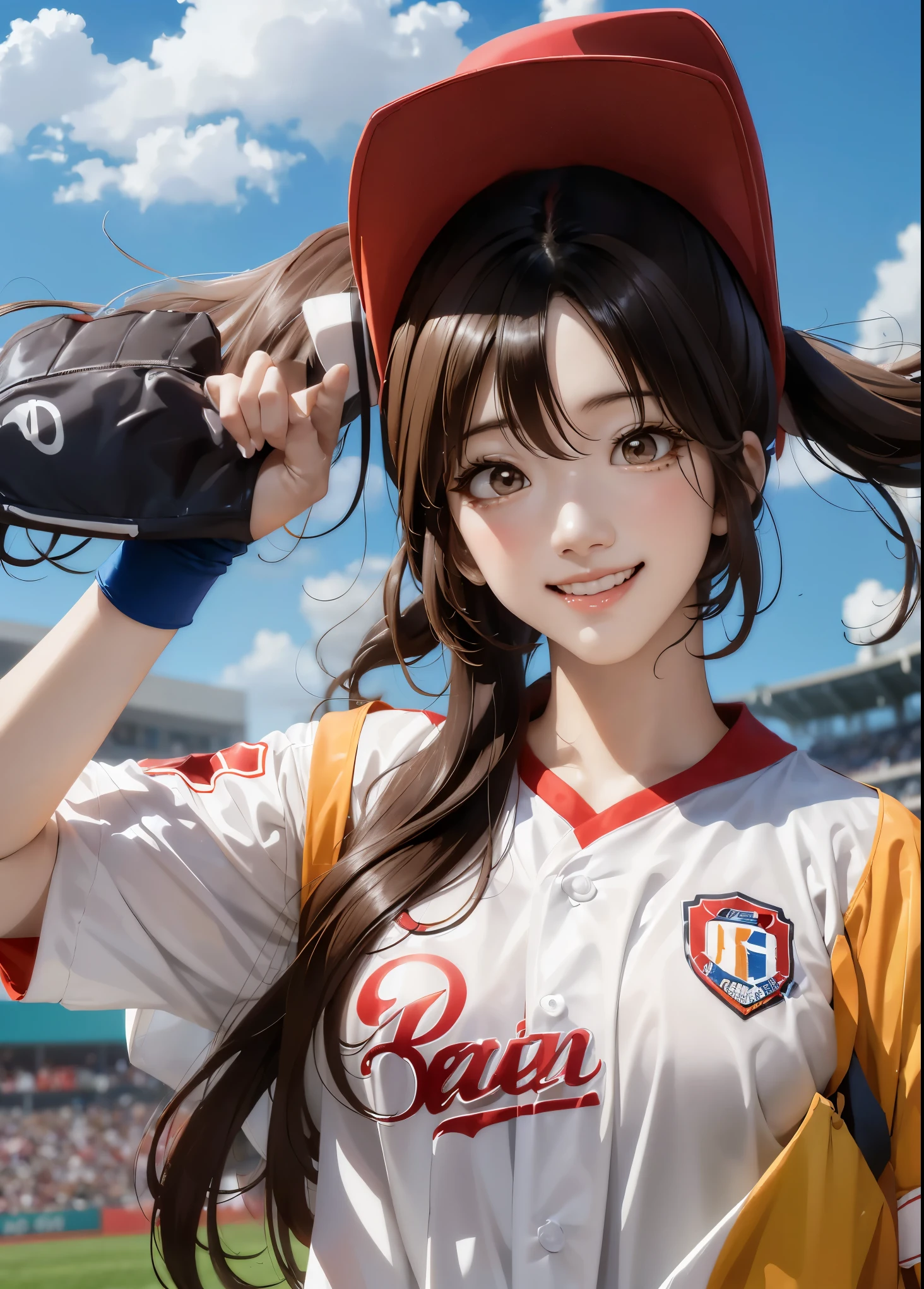 a female cartoon character Of KAZUHA A K POP IDOL, wearing a baseball uniform and cap. She has long black hair, bright eyes, and is smiling confidently. She has put an baseball glove in one hand and ball in other hand while striking an energetic and confident pitching pose. The uniform is red, white, and blue, and the background is soft and sunny with a faint sports field atmosphere.