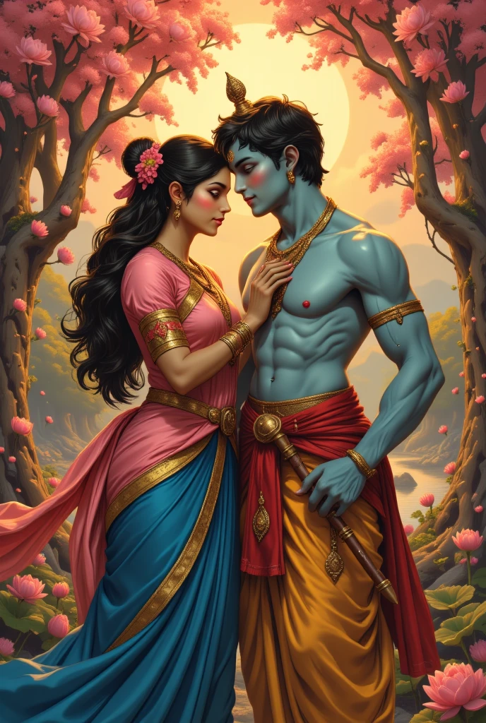 A modern, bold depiction of Radha and Krishna in an ethereal Vrindavan setting, capturing their iconic looks and the pinnacle of their divine love. Radha, with her golden-white glowing skin, is adorned in a flowing dress of primary color blue and secondary color pink, her dark hair cascading with intricate floral ornaments and a delicate, ornate crown resting on her head. A vibrant red tilak graces her forehead, glowing faintly in the moonlight. She leans toward Krishna with an expression of infinite surrender, her fingers brushing against his radiant face. Krishna, with his radiant blue skin, holds his iconic flute in one hand, his other gently resting on Radha’s waist. He wears a regal dress of primary color yellow and secondary color red, accented by his peacock feather crown that shimmers with divine light. A white tilak adorns his forehead, emanating purity and divinity. Their garments flow and intertwine as if moved by an unseen celestial wind, symbolizing their eternal unity. The backdrop is a celestial Vrindavan grove, bathed in moonlight, where the Yamuna River glimmers softly in the distance. The surrounding trees are heavy with blooming flowers, bending slightly as though offering their devotion. Golden and pink hues radiate from their forms, creating a glowing aura that illuminates the scene. Subtle divine symbols—lotuses, swirls of light, and faint musical notes from Krishna’s flute—fill the air, merging with the universe itself. Their expressions and posture convey a love that is both deeply intimate and transcendent, a moment where the boundary between mortal and divine is blurred, witnessed only by the silent Mahasakhis in awe and reverence.
