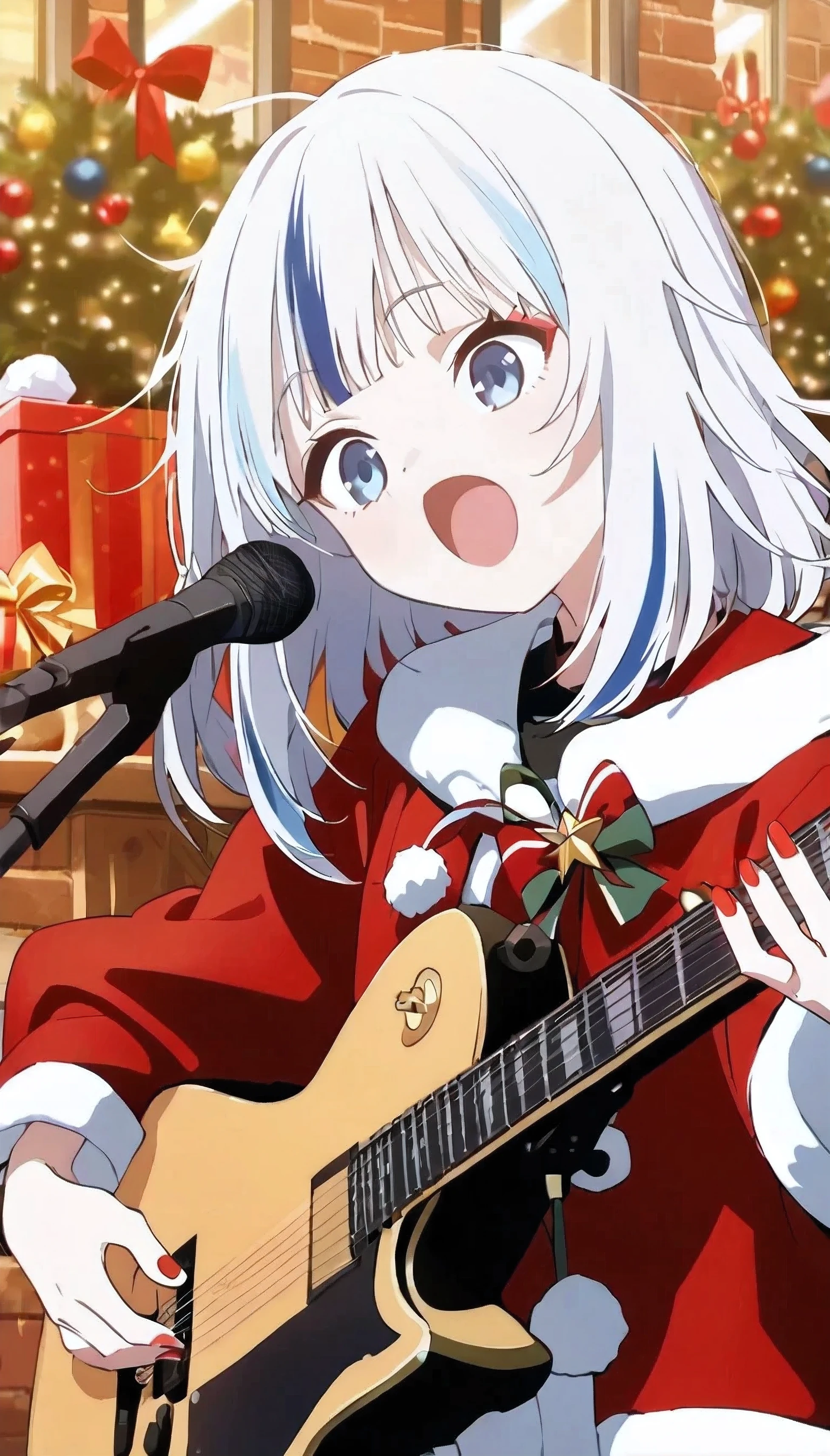 (( best quality  )), Gawr Gura playing the guitar singing,  Christmas winter scenes , Christmas Decorations,  Christmas illustrations ,  Christmas character designs , Christmas nail art ,  Christmas food and Christmas street scenes., XUER Guangying-Guangxiang