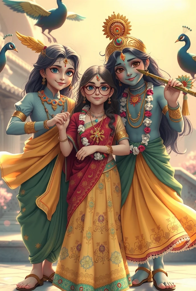 "Imagine a divine setting where Vishaka Sakhi, envisioned as the cherished daughter of Radha and Krishna, stands between them in an expression of familial love and eternal grace. Vishaka radiates a celestial charm, her complexion fair and luminous, glowing with a soft, otherworldly light. Her deep black eyes, accentuated by perfectly drawn kajal, hold a mysterious depth, while her glasses add a touch of wisdom and modernity to her timeless form. She wears a flowing yellow dress, shimmering like golden sunlight, adorned with intricate patterns of lotus flowers and peacock feathers, symbolizing purity and her divine lineage. Her hair, strikingly white and cascading like threads of moonlight, frames her face, adding to her ethereal presence. Radha and Krishna flank Vishaka, embracing her with unconditional love. Radha's golden-white skin glows with a divine radiance, her beauty unparalleled, enhanced by the delicate garlands of jasmine and roses draped around her. Her expressive eyes, filled with love and wisdom, seem to tell countless stories of devotion. She wears a vibrant red and green lehenga, embroidered with patterns of blooming flowers and shining jewels, perfectly complementing her regal aura. Krishna stands as a figure of infinite grace and charm. His blue skin, reminiscent of the vast, eternal sky, shimmers with a divine luster. He holds his enchanting flute, a symbol of his connection to all living beings, and his peacock crown rests gracefully on his head, its vibrant feathers catching the light. His dhoti, golden like the rays of the rising sun, glows with intricate embroidery, while his yellow sash flows in the gentle breeze. In this divine tableau, peacocks with iridescent feathers roam in the background, adding to the vibrancy of the scene. The three figures are surrounded by an ethereal glow, their presence radiating warmth, love, and unity. Vishaka, standing between her celestial parents, is enveloped in their affectionate embrace,
