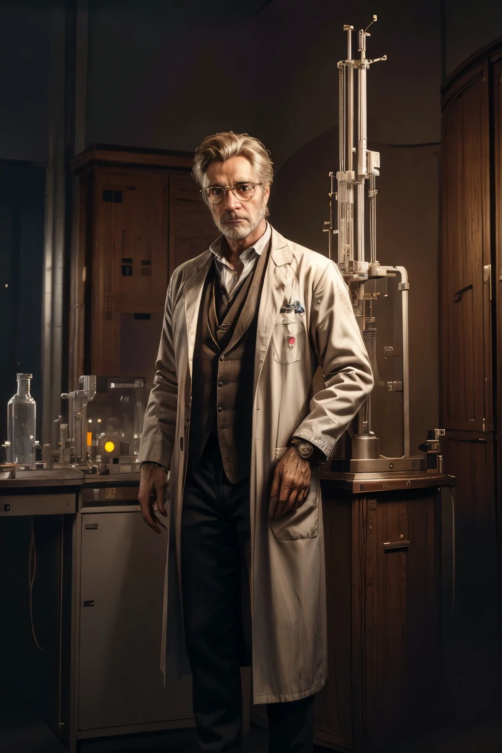 ((best quality)), ((masterpiece)), (detailed), perfect face,a scientist working on a time machine, detailed portrait of a scientist in a lab, wearing a white lab coat, holding futuristic time machine device, intricate gears and displays, complex scientific equipment, dramatic lighting, cinematic composition, photorealistic, 8k, award winning digital art