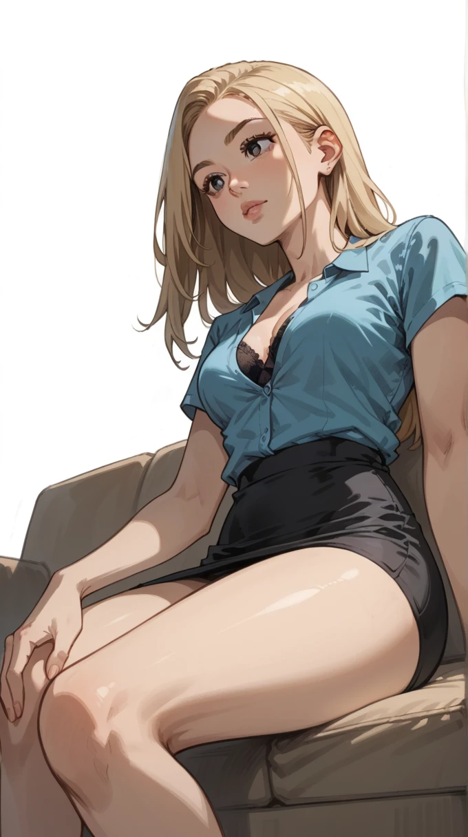 score_9, score_8_below, score_7_below, Cartoon of a girl , Alone, Sensual, rascal,  brown-eyed ,  long blond hair , blonde straight hair, open blue shirt, black bra, Black Pencil Skirt, purple, medium breast, thin, thighs grossas, Closed lips, thighs,  sitting on a sofa, ( white background)
