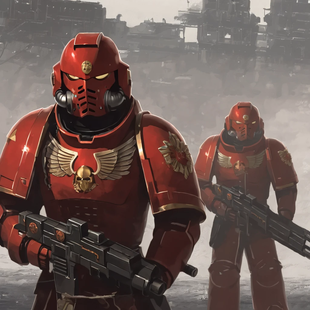 contract, 8 k,  warhammer 40k  ,space marine,USSR space marine,  digital illustration , a man in the armor of a scarlet knight , with a silver helmet ,  standing on the road ,  cinematic fortune , holding bolter,  full height,  on the right shoulder pad is a symbol of the USSR