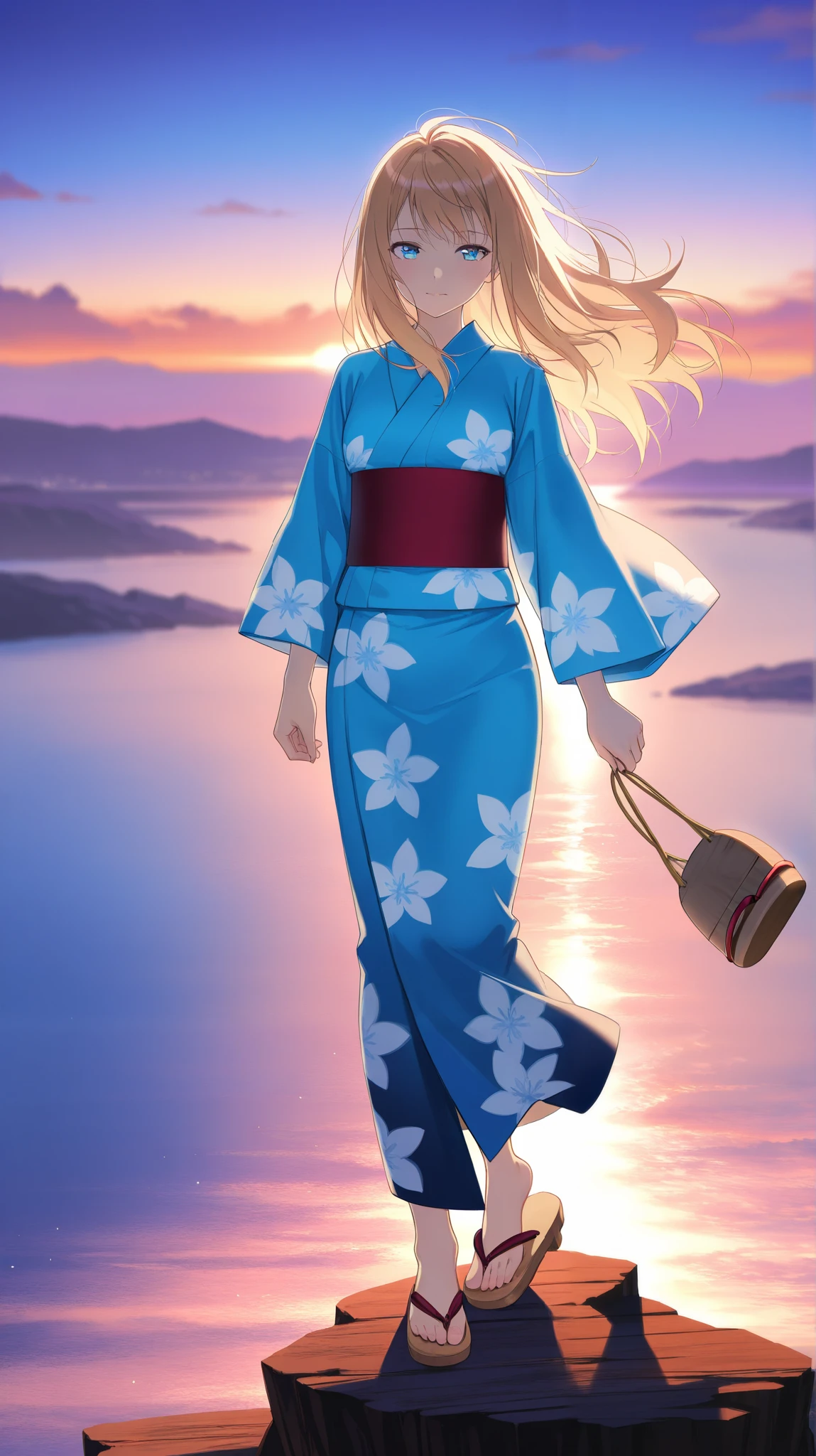 score_9, score_8_up, score_7_up, source_anime, BREAK, a Beautiful girl standing on a cliff overlooking glowing bay, windy long blond hair, yukata, wooden sandal, fair skin, sunset, vibrant colors, masterpiece